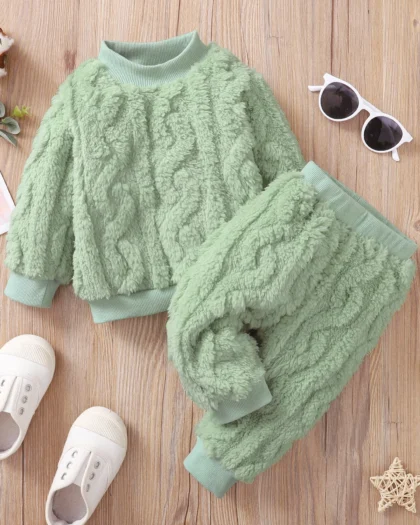 2pcs Baby Girl Solid Fuzzy Fleece Long-Sleeve Pullover And Trousers Set