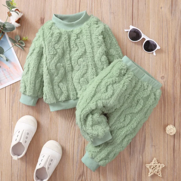 2pcs Baby Girl Solid Fuzzy Fleece Long-Sleeve Pullover And Trousers Set