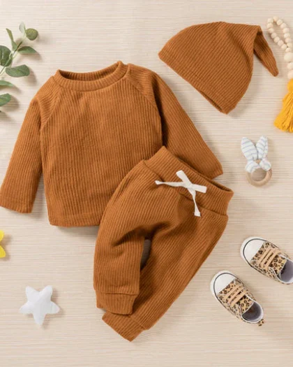 Baby 3pcs Solid Ribbed Long-Sleeve Pullover And Trouser Set Brown