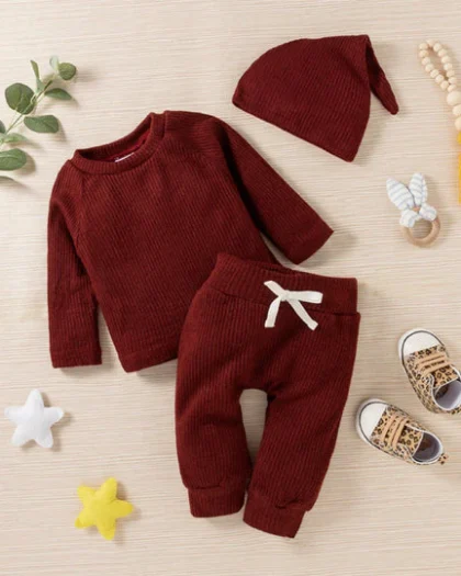 Baby 3pcs Solid Ribbed Long-Sleeve Pullover And Trouser Set Burgundy