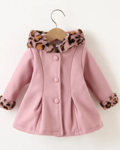Baby Pink Long-Sleeve Button Down Leopard Hooded Wool Blend Coat