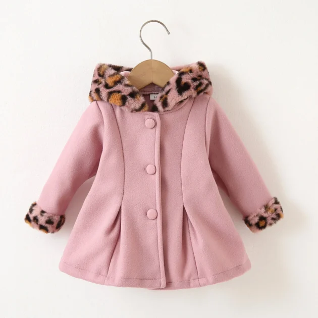Baby Pink Long-Sleeve Button Down Leopard Hooded Wool Blend Coat