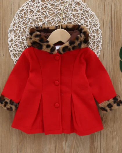 Baby Red Long-Sleeve Button Down Leopard Hooded Wool Blend Coat