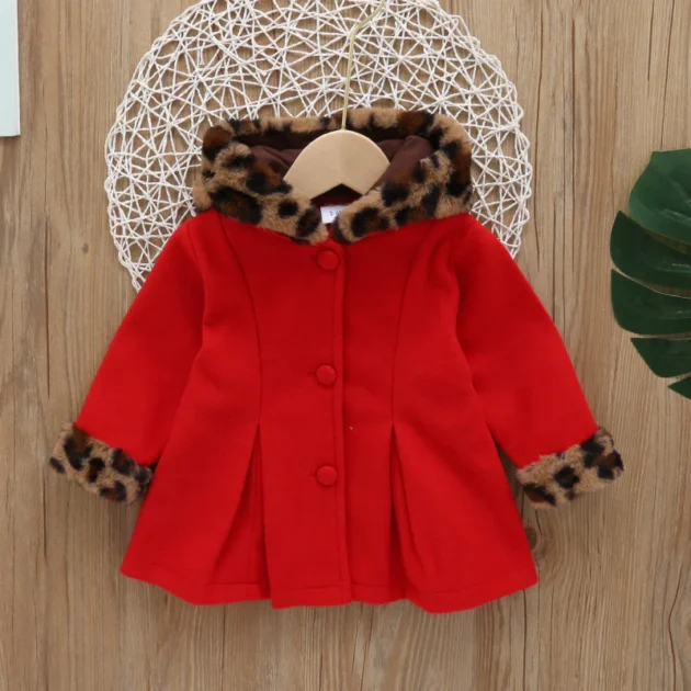 Baby Red Long-Sleeve Button Down Leopard Hooded Wool Blend Coat