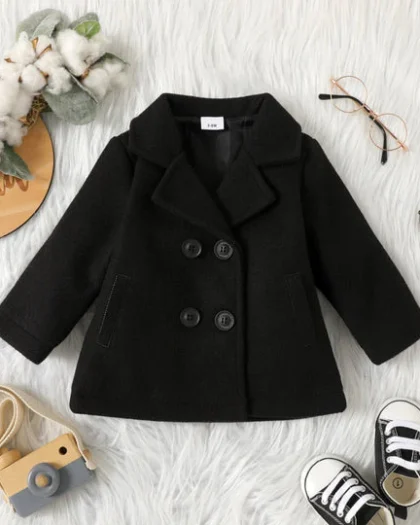 Baby Solid Lapel Double Breasted Long-Sleeve Wool Blend Black Coat