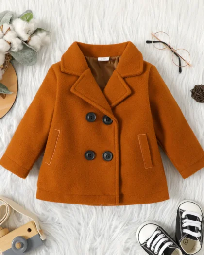 Baby Solid Lapel Double Breasted Long-Sleeve Wool Blend Brown Coat