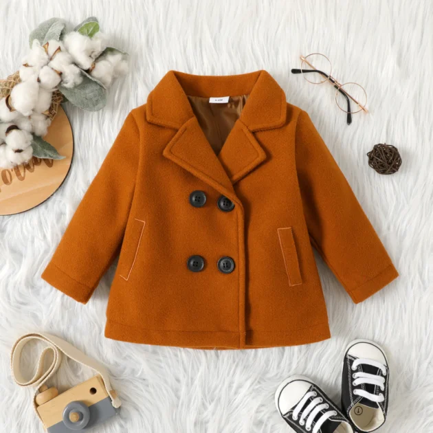 Baby Solid Lapel Double Breasted Long-Sleeve Wool Blend Brown Coat