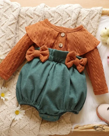 Cable-Knit-Long-Sleeve-Splicing-Corduroy-Bowknot-Baby-Romper