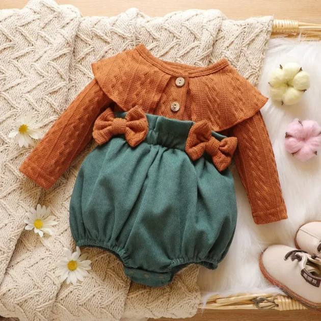 Cable-Knit-Long-Sleeve-Splicing-Corduroy-Bowknot-Baby-Romper